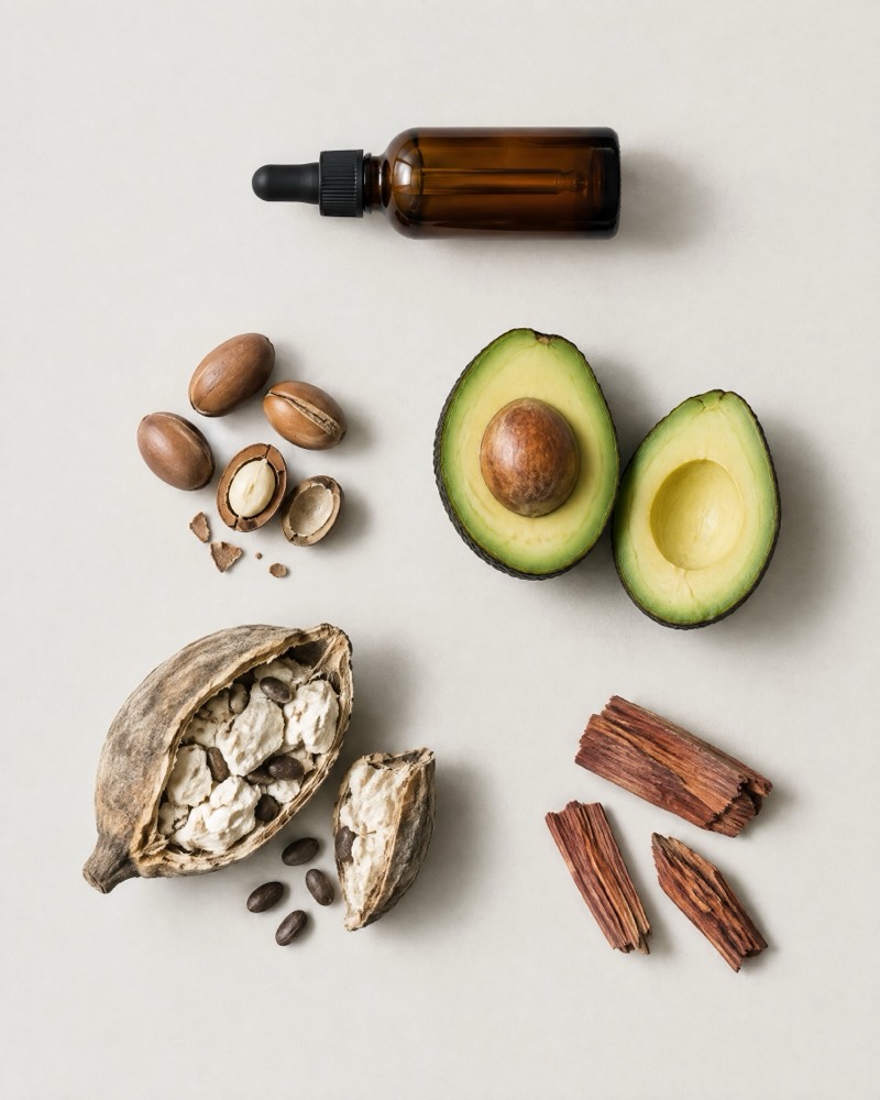 Argan nuts, a halved avocado, an open baobab pod and pieces of cedarwood on pale paper.